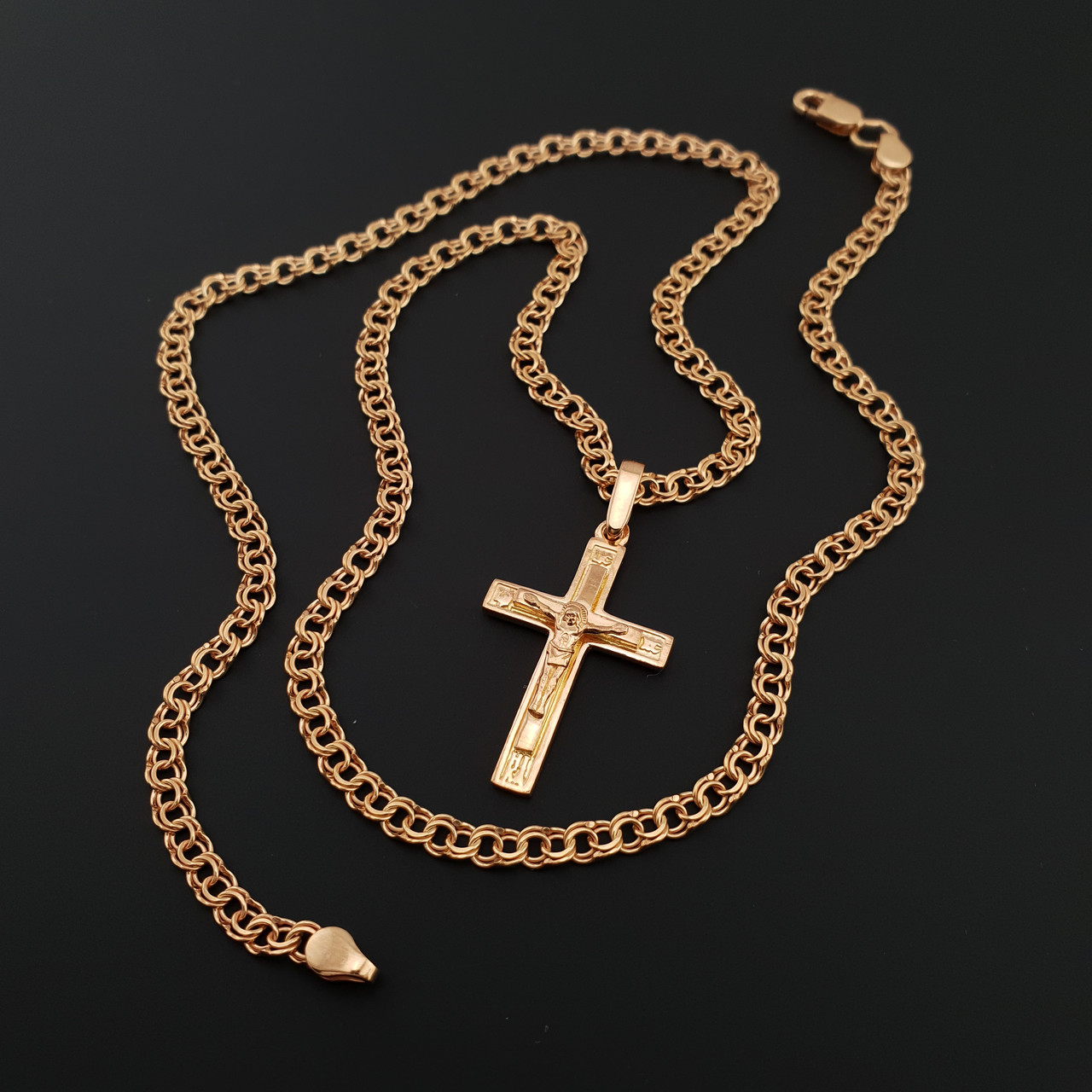 Позолочена срібна цепочка з хрестиком тонка. Срібний хрестик з ланцюжком бісмарк позолота 585. 50 см, фото 1