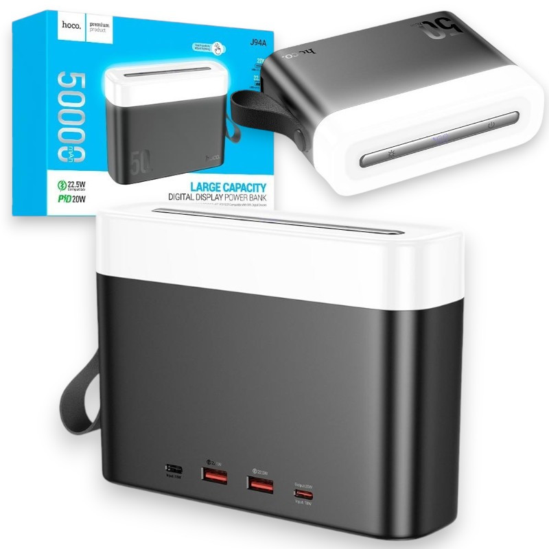 Повербанк Power Bank HOCO J94A 50000 mAh QC3.0 + PD 22.5W Зовнішній портативний аккумулятор із ліхтариком, чорний