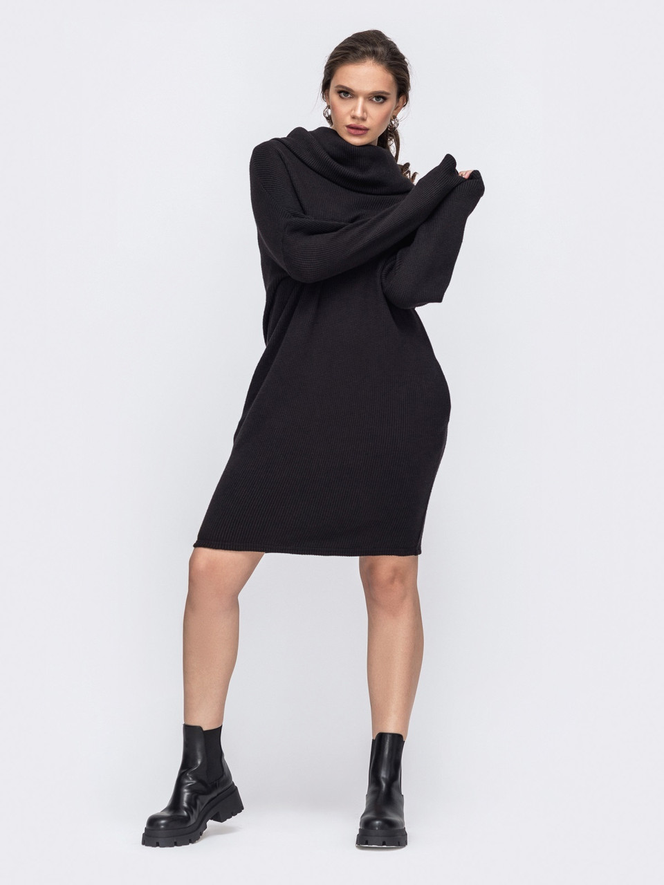 Чорна сукня тепла з рукавом летюча миша коротка з капюшоном, фото 1