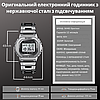 Годинник чоловічий електронний срібло сталевий на браслеті квадратний з нержавіючої сталі з датою підсвічуванням Skmei, фото 6