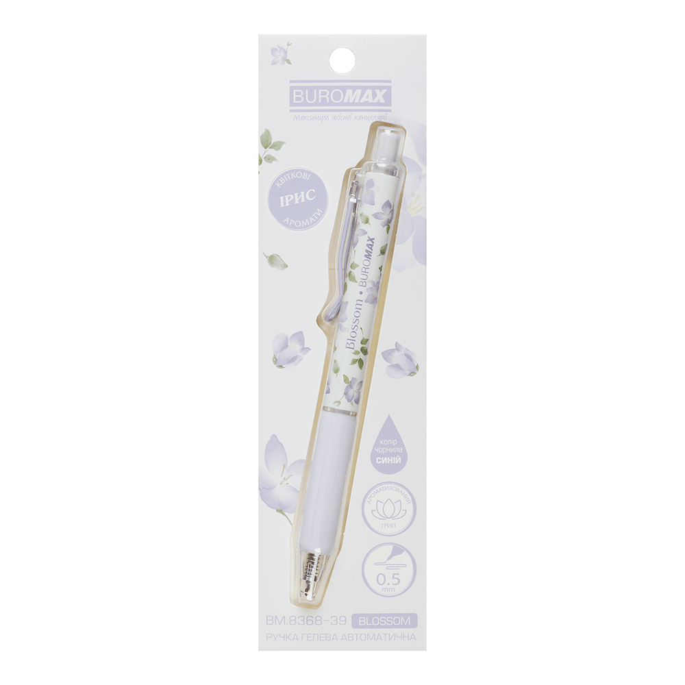 Ручка гелева автоматична BLOSSOM, 0.5 мм, ароматний грип, Ірис, сині чорнила, в блістері, фото 1