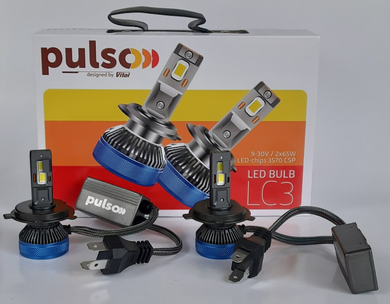 Лампи PULSO LC3 H4 LED-chips 3570 CSP 12V 24V. 2*65W 10000Lm 6000k Can