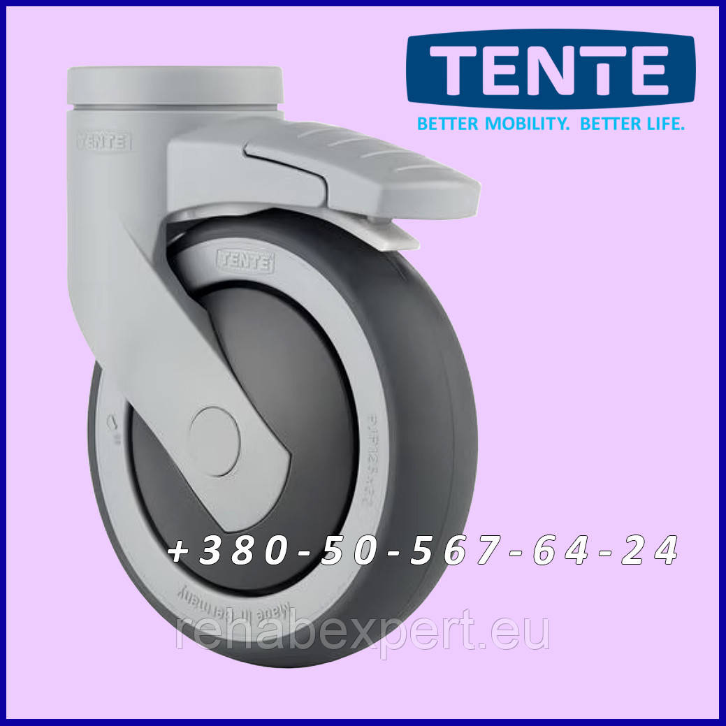 Гумове поворотне коліщатко з отвором для болта та гальмом TENTE Rubber swivel castor 125mm