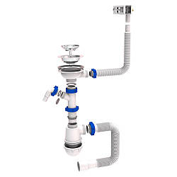Сифон для кухонної мийки з неіржавким випуском 31⁄2" виведенням під прання. машину квадратним переливом і гнучким
