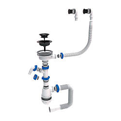 Сифон для кухонної мийки з пластиковим випуском 31⁄2" виведенням під прання. машину круглим переливом і гнучким