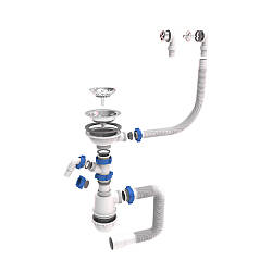 Сифон для кухонної мийки з неіржавким випуском 31⁄2" виведенням під прання. машину круглим переливом і гнучким