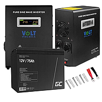 Комплект резервного живлення: інвертор Volt Polska SINUS PRO 800W та акумулятор Green Cell AGM VRLA 75Ah