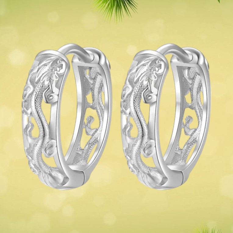 Сережки кільця сріблясті з візерунками драконів AurumLux117, фото 1