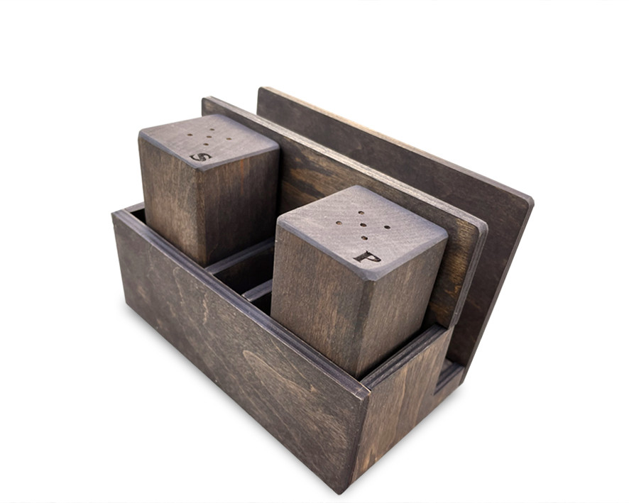 Набір спецівників з серветницею для ресторану. Дерев'яні спецівники для солі та перцю (№8) коричневий