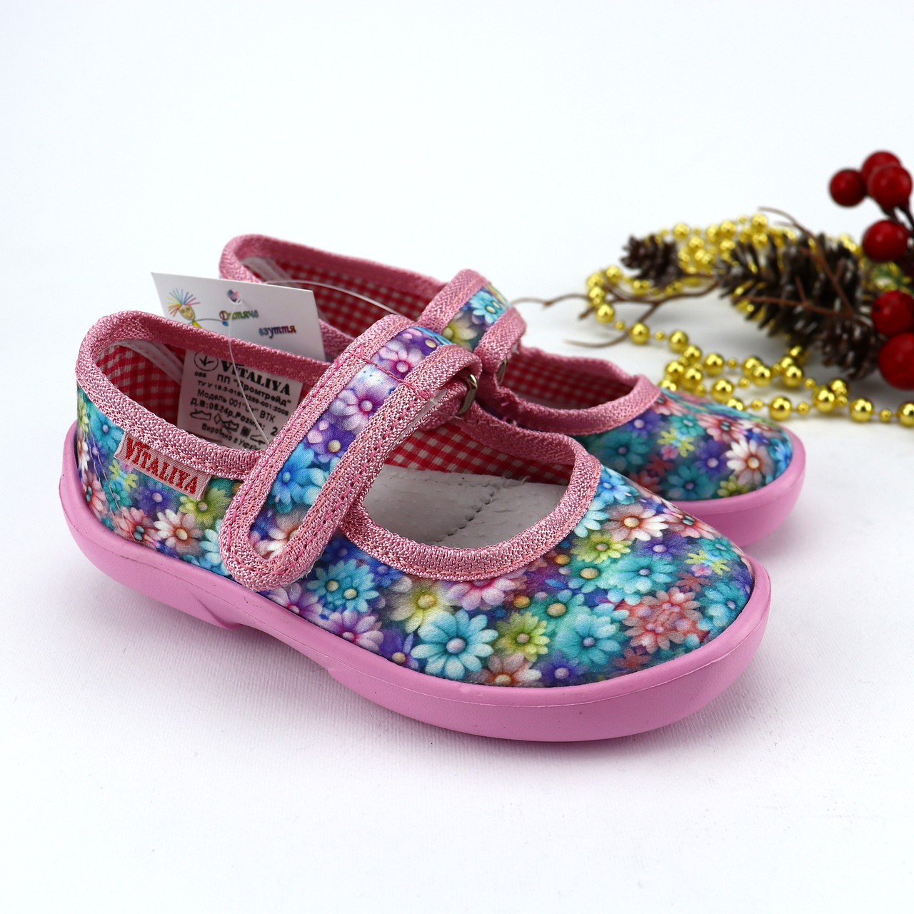 Рожеві тапочки в садок на дівчинку, текстильна взуття Vitaliya Віталія Україна, фото 1