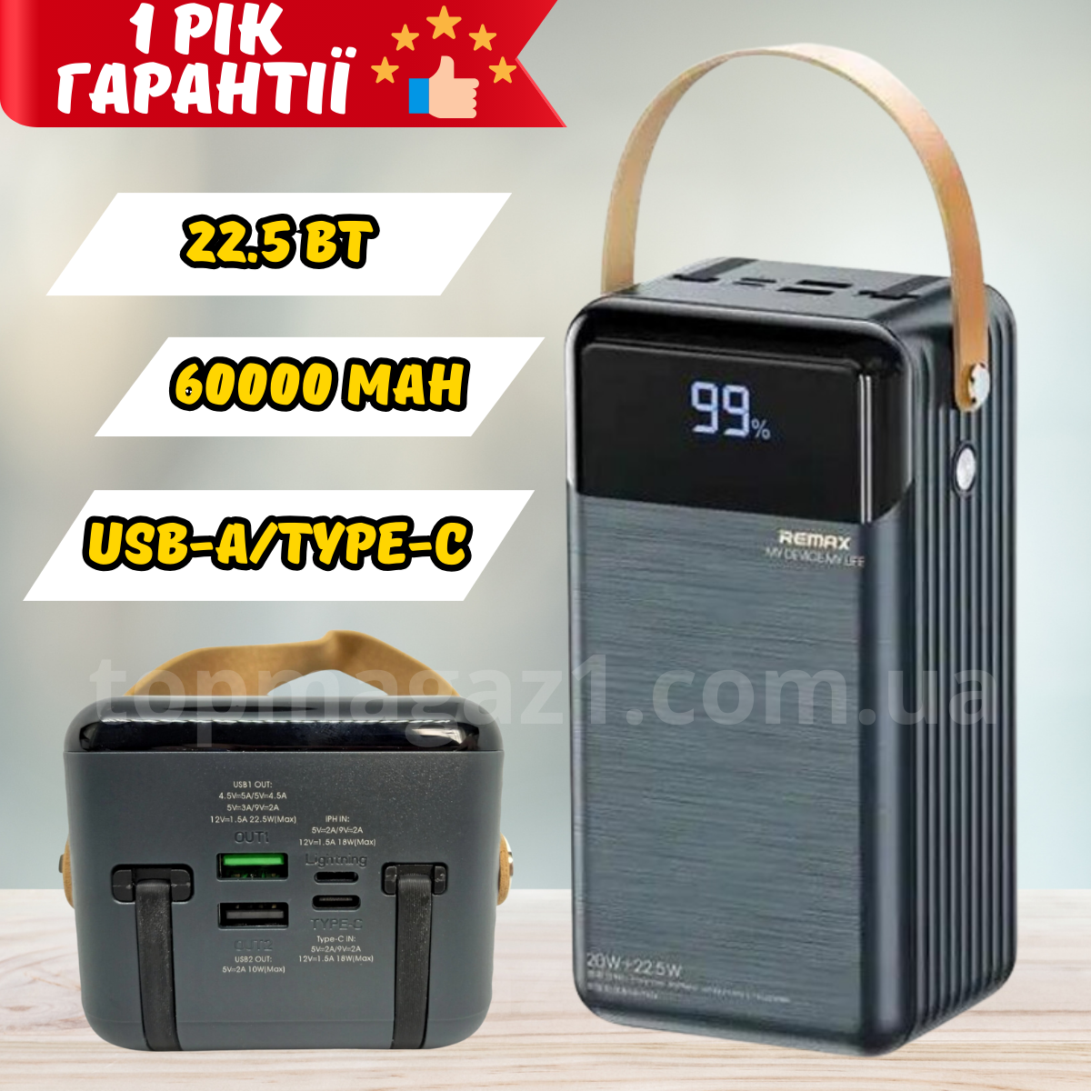 Зовнішній акумулятор Remax 60000 mAh місткий павербанк 22.5 Вт Power bank для планшета і телефону 2USB