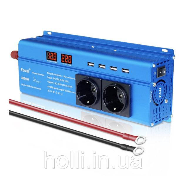 Інвертор FOVAL 3000W, Перетворювач напруги з 12 в 220 V Чиста, правильна синусоїда