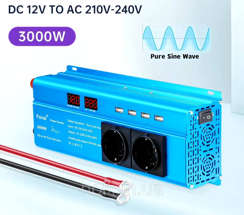 Інвертор FOVAL 3000W, Перетворювач напруги з 12 в 220 V Чиста, правильна синусоїда