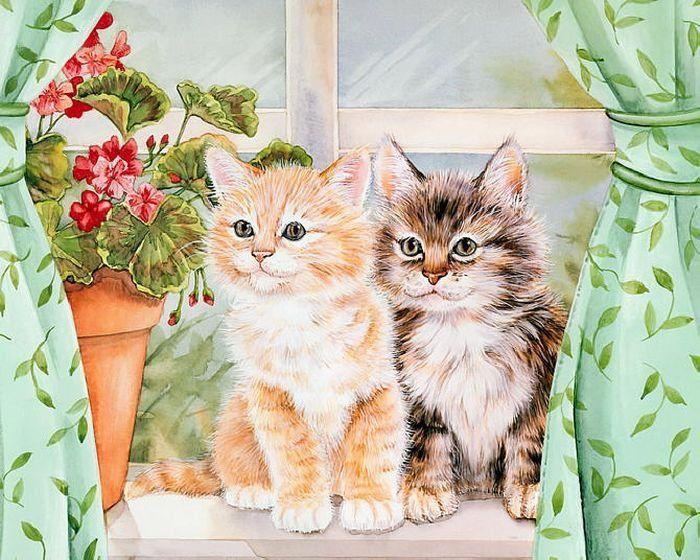 Алмазна мозаїка на підрамнику картина стразами 30х40 см DIY Кошенята на вікні SGLD 62273 - co