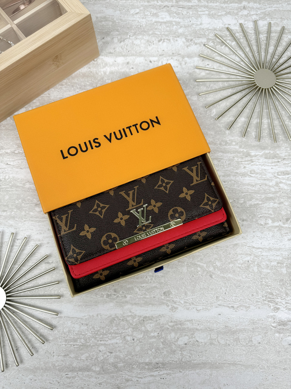 Женский кошелек Louis Vuitton коричневый + красный большой двойной