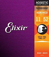 Струни для акустичної гітари Elixir Nanoweb Phosphor bronze 11-52 + 3 медіатори в подарунок