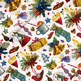 Польська бавовняна тканина "Новорічні іграшки, свічки, подарунки на білому" 160 см