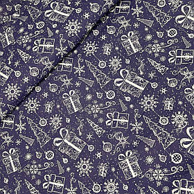 Польська бавовняна тканина "Новодні контурні подарунки на синьому" 160 см