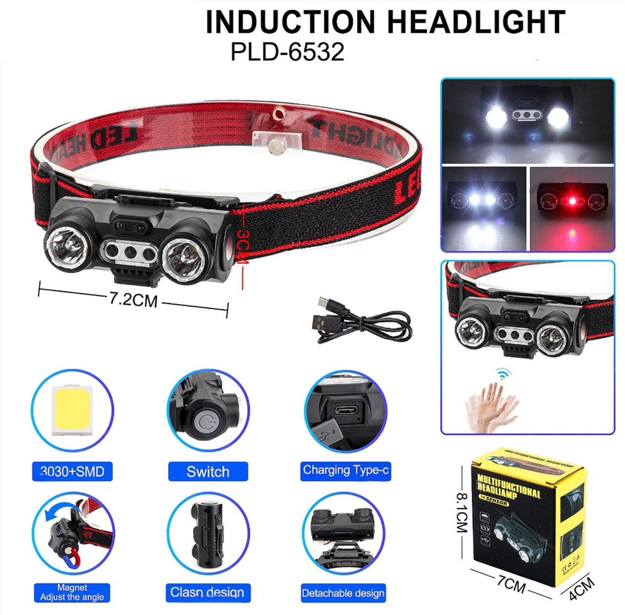 Фонарь налобный 6532-3030+SMD(WHITE+RED), Motion Sensor, Li-Ion аккум., ЗУ Type-C, клипса, магнит