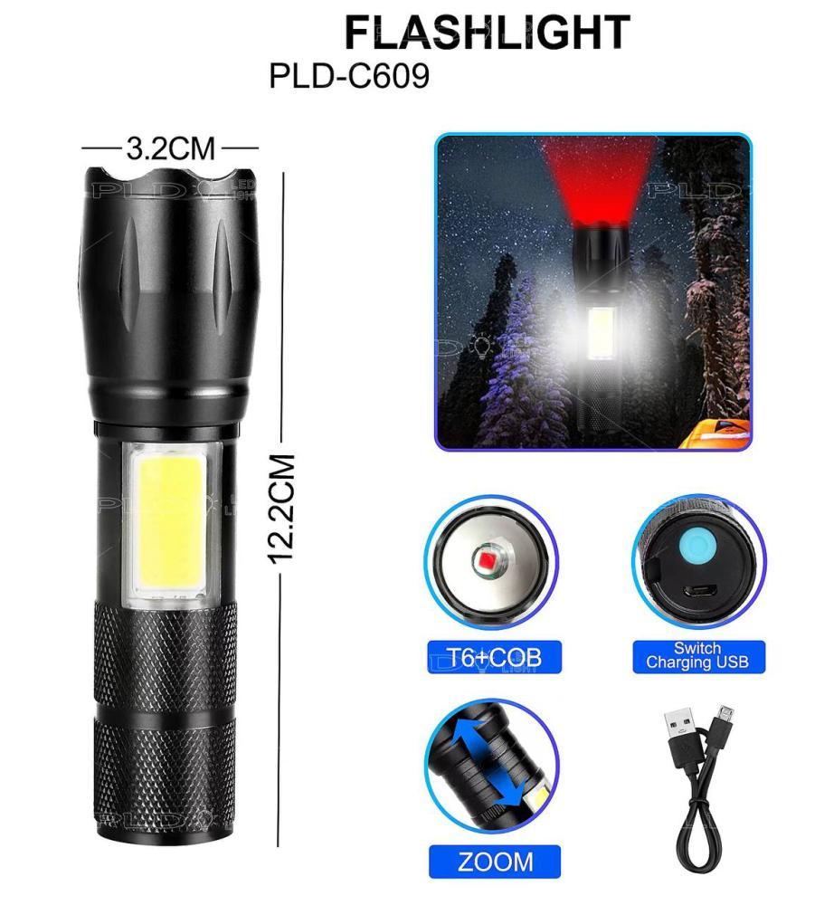 Ліхтар C609-T6(red)+COB(white), Li-Ion акум., ЗП microUSB, zoom, Box