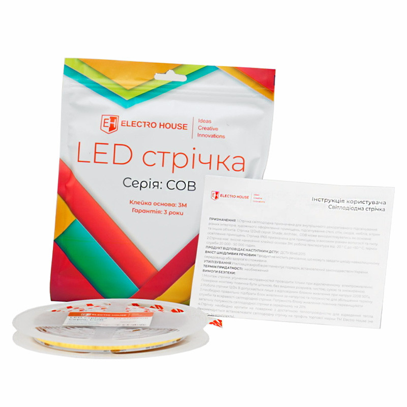 LED-стрічка 9 Вт 24 В COB 252 діодів 100 Лм/Вт холодний білий 6500К (серія COB), гарантія 3 роки EH-STR3COB, фото 1