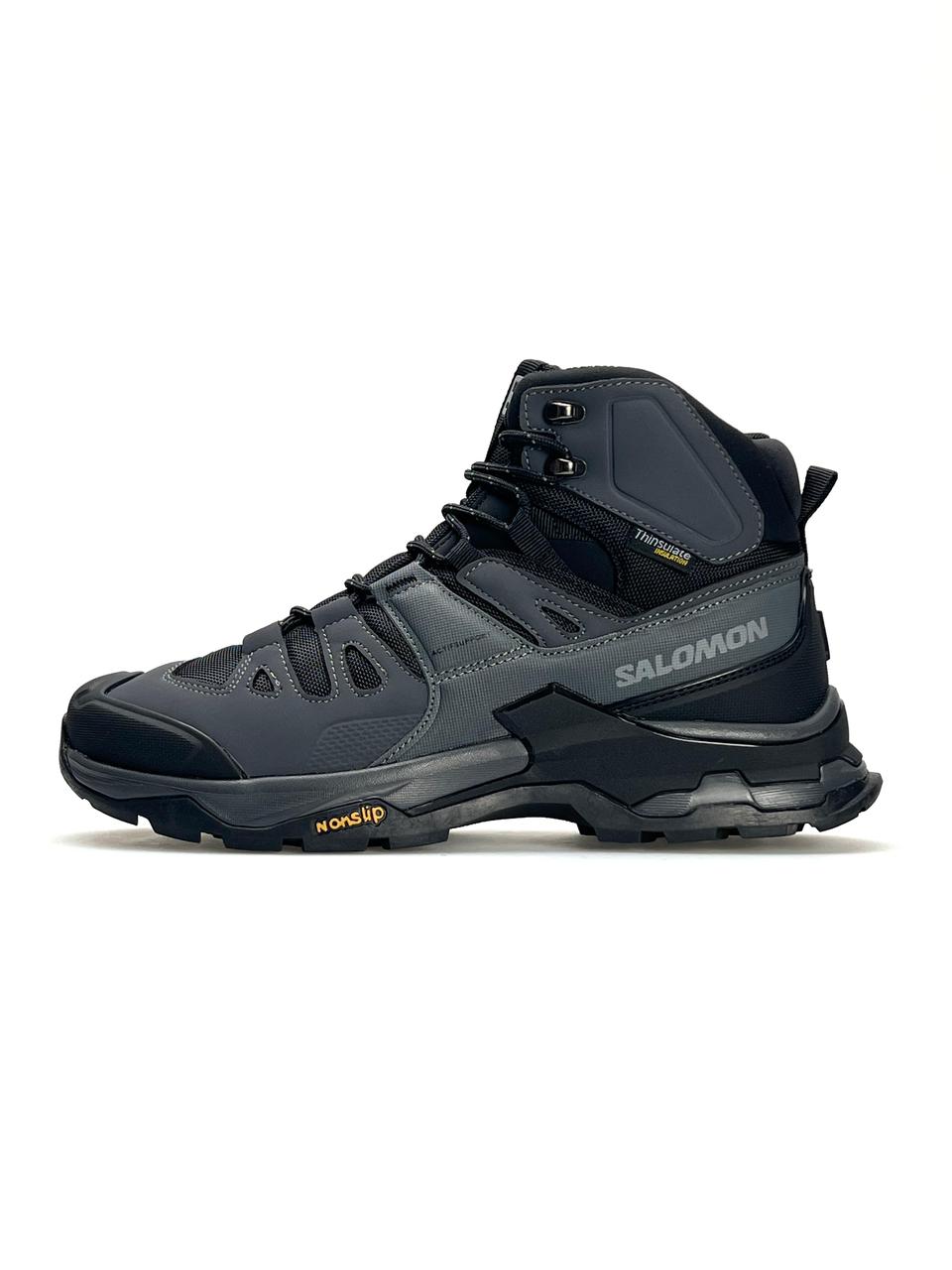 Чоловічі зимові на хутрі кросівки Salomon Quest 4 GTX Grey Black Fur, черевики шкіра текстиль сірі 44