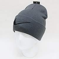 Тепла шапка лопата найк (Nike) темно сірого кольору з чорною вишивкою на відвороті ZE00088-0