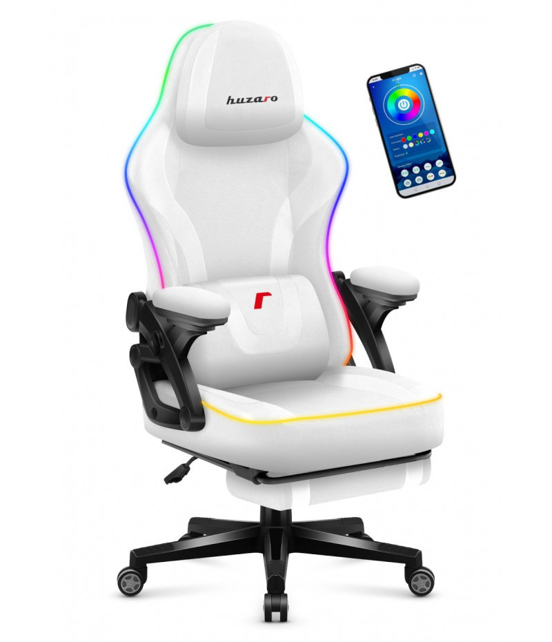 Ігрове Крісло Біле з Тканини, Підставка для Ніг, RGB Підсвідка, Ергономічне, Huzaro Force 4.6