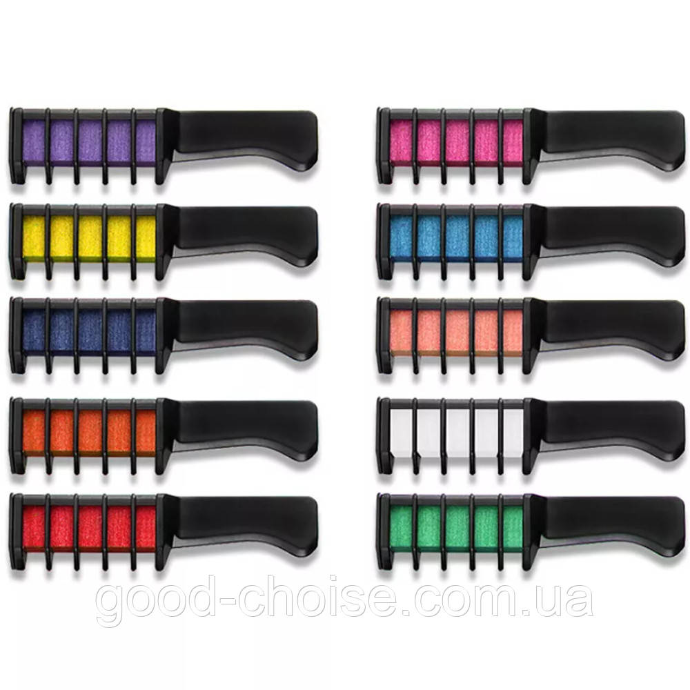 Набір кольорових крейд для волосся 10 шт / Набір гребінців з кольоровими крейдами для волосся / Дитячі крейди для волосся, фото 1