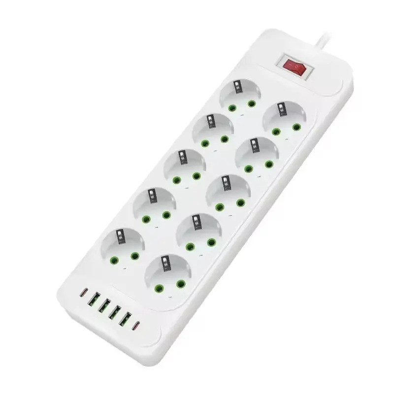 Мережевий фільтр на 10 євро-розеток, подовжувач 2 м, 4 USB + 2 Tupe-C, 3000Вт із заземленням і вимикачем, білий