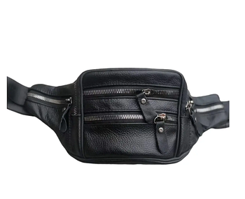 Сумка на пояс чорна бананка 30*12 см чоловіча спортивна на блискавці з кишенею з натуральної шкіри Bagfon