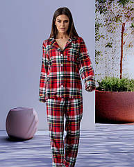 Піжама  жіноча червона в клітинку байкова з брюками Піжамний комплект для дома і сну сорочка на гудзиках з штанами дівчині