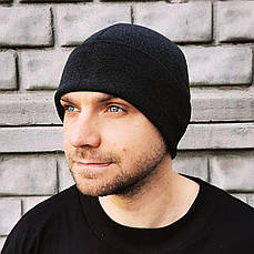 Шапка класична чоловіча тонка з відворотом №24, рібана з начосом ЧОРНИЙ