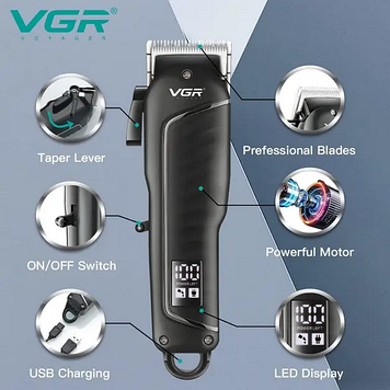 Машинка для стрижки волосся акумуляторна VGR V-683 Pro Чорний 4 насадки
