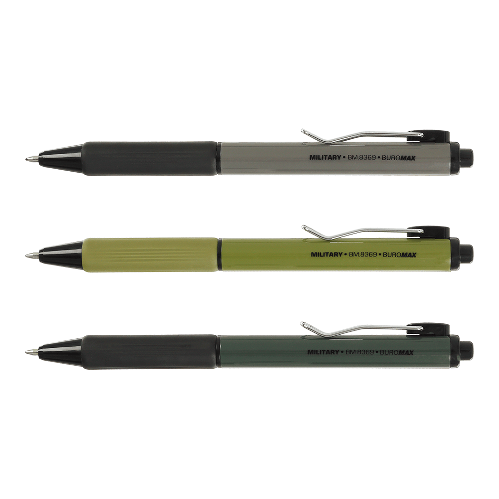 Ручка масляна автоматична MILITARY, 0,7 мм, ассорті корпусів, з гумови грипом, сині чорнила, фото 1