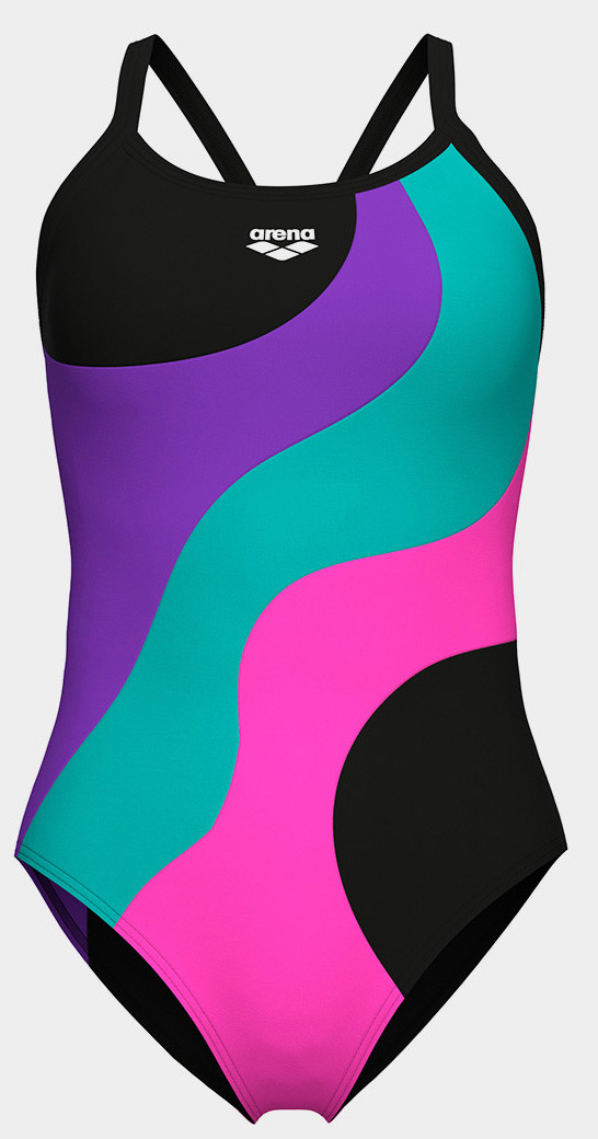 Купальник закритий для жінок Arena MULTI SLICES SWIMSUIT LIGHTDRO чорний, бузковий, бірюзовий, рожевий Жін 44, фото 1