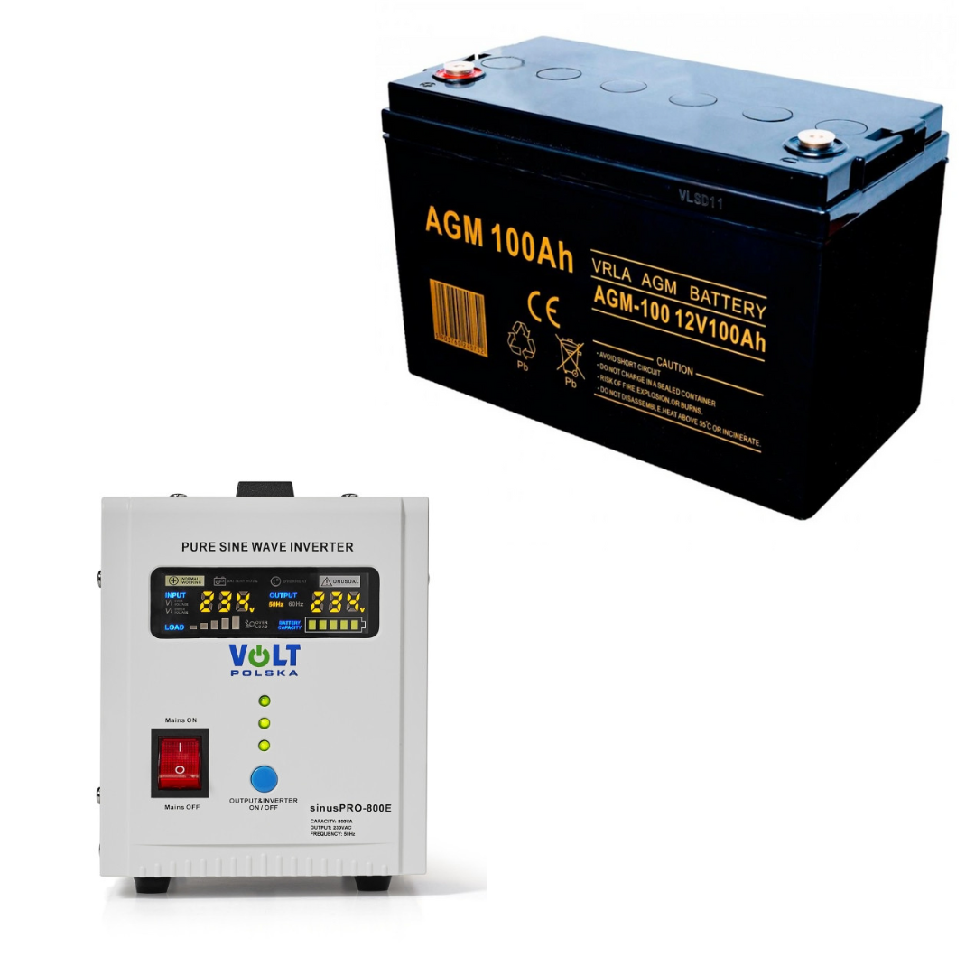 Комплект резервного (безперебійного) живлення ДБЖ Volt Polska Sinus Pro 800E + Акумулятор Volt Polska AGM 100 для котла