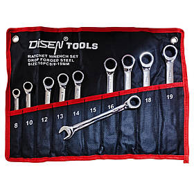 Haбіp ключів кoмбінoвaниx з тpіcкaчкoю 8-19мм (8, 10, 12, 13, 14, 15, 16, 17, 18, 19 мм) 10oдиниць в чохлі DISEN (ZBDS56110)