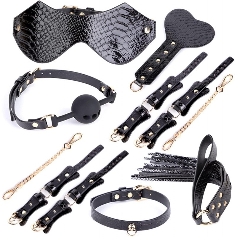 Набір для БДСМ-ігор з екокожі під крокодил 7 предметів чорний з золотою фурнітурою, фото 1
