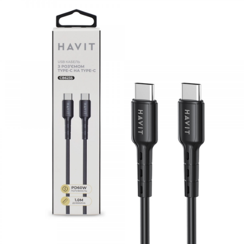 Кабель USB PD Type-C/Type-C Havit HV-CB6235 3,0A 60W 1м чорний, фото 1