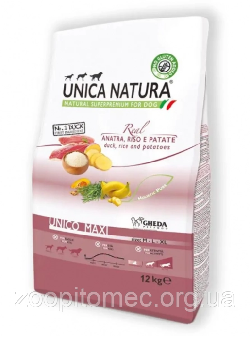 Сухий корм GHEDA (Джеда) Unica Natura Unico Maxi для собак великих порід (качка, рис, картопля), 12 кг