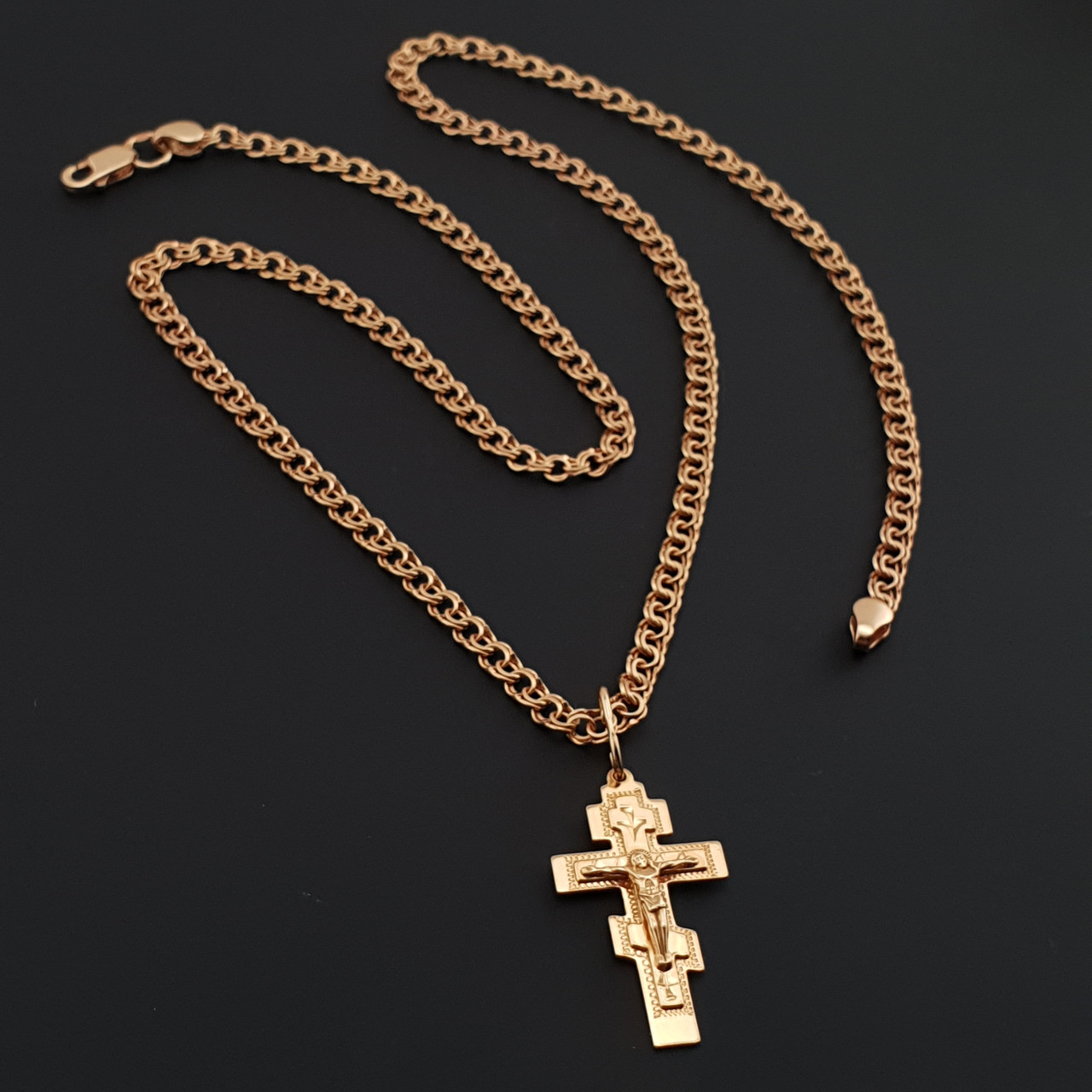 Тонка позолочена срібна цепочка з хрестиком. Срібний хрестик з ланцюжком бісмарк позолота 585. 50 см, фото 1