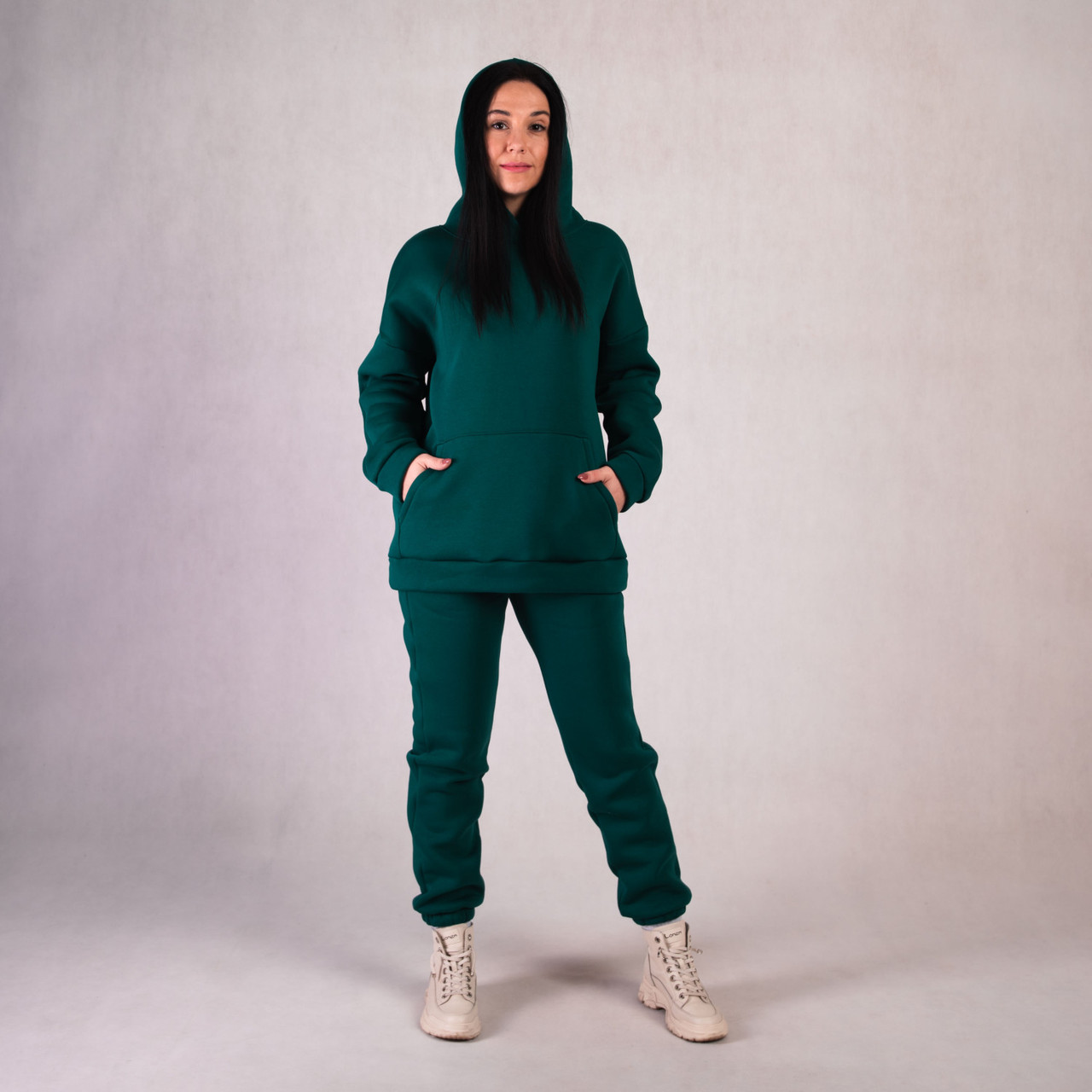 Спортивний костюм теплий тринитка жіночий з капюшоном однотонний худі смарагд 44-58