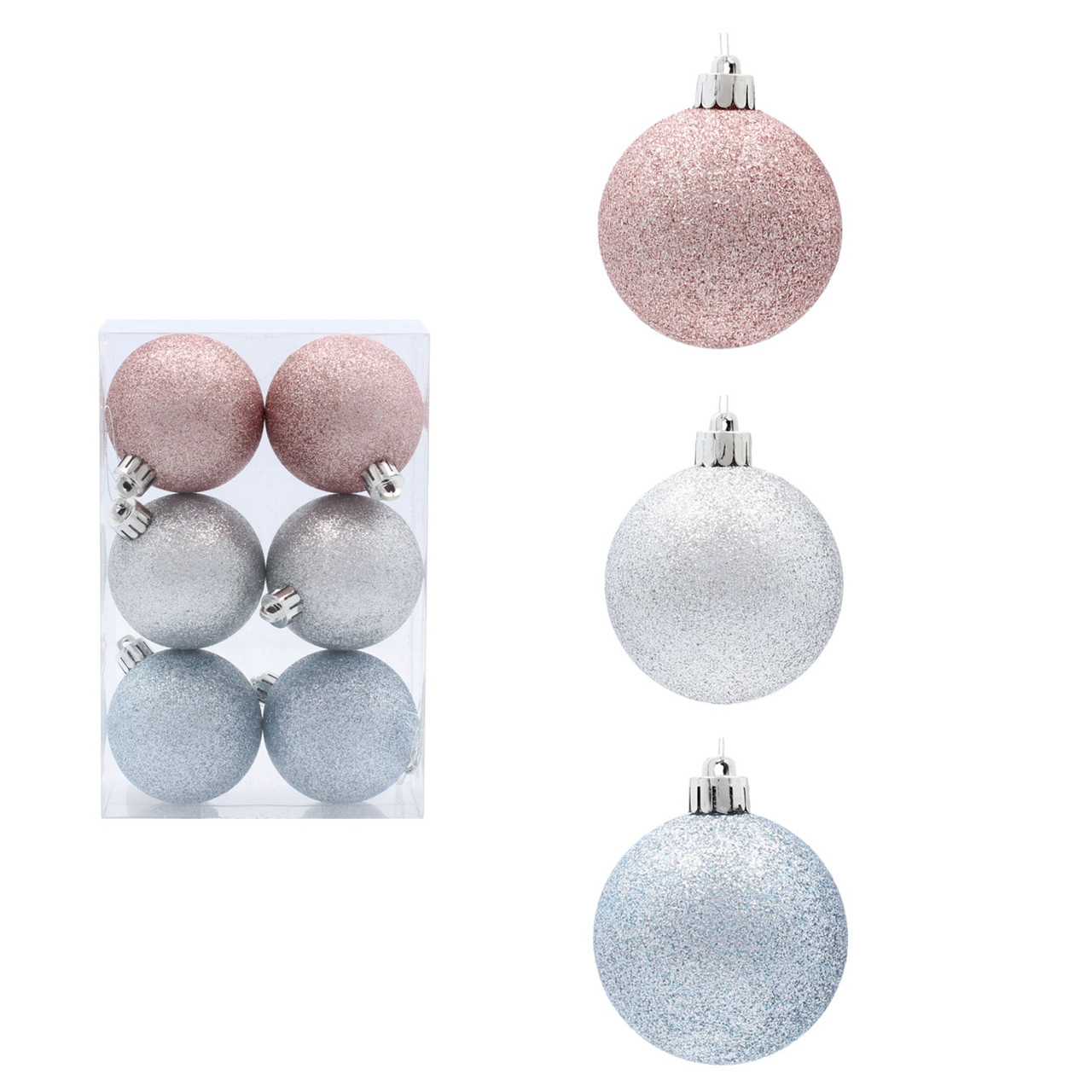 Ялинкові пластикові кульки Chomik комплект 6 шт, Ø 6 см, блакитний, рожевий, сріблястий, фото 1