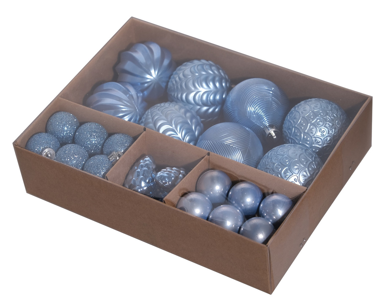 Ялинкові пластикові кульки рельєфні і шишки комплект 36 шт, Ø 3,4,6 см, мікс блакитні, фото 1