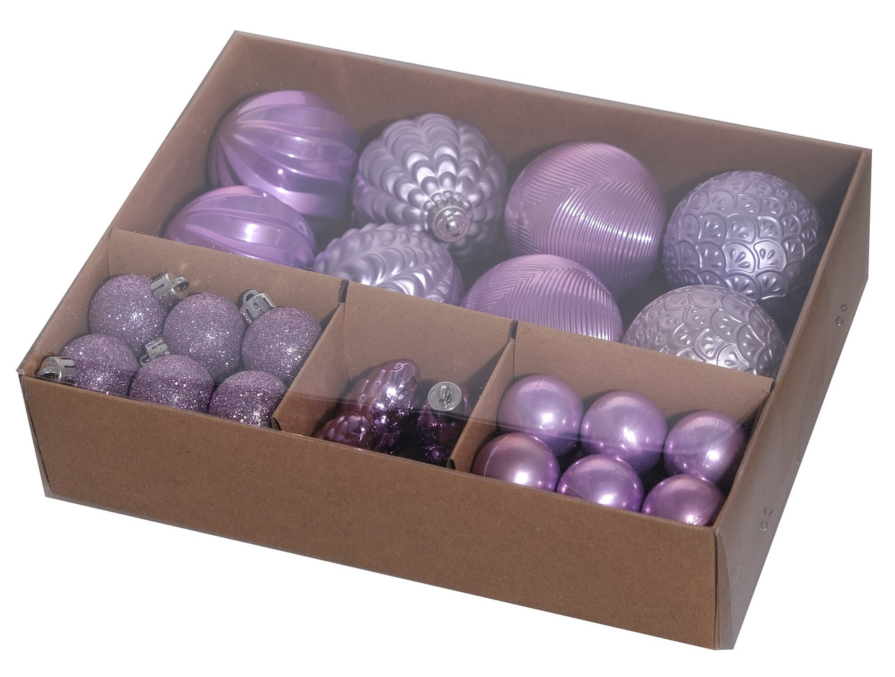 Ялинкові пластикові кульки рельєфні і шишки комплект 36 шт, Ø 3,4,6 см, мікс бузкові, фото 1