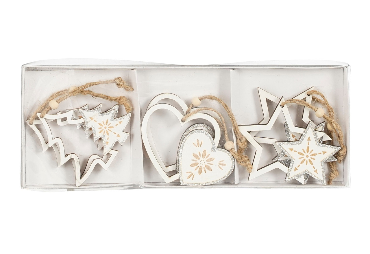 Прикраси новорічні підвісні Сердечка, зірки та ялинки House of Seasons комплект 6 шт, дерев'яні, сріблястий дизайн