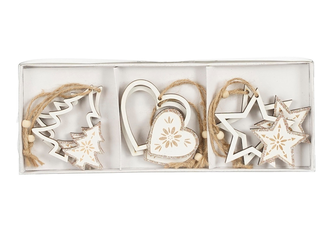 Прикраси новорічні підвісні "Сердечка, зірки та ялинки" House of Seasons", комплект 6 шт, дерев'яні, шампань дизайн