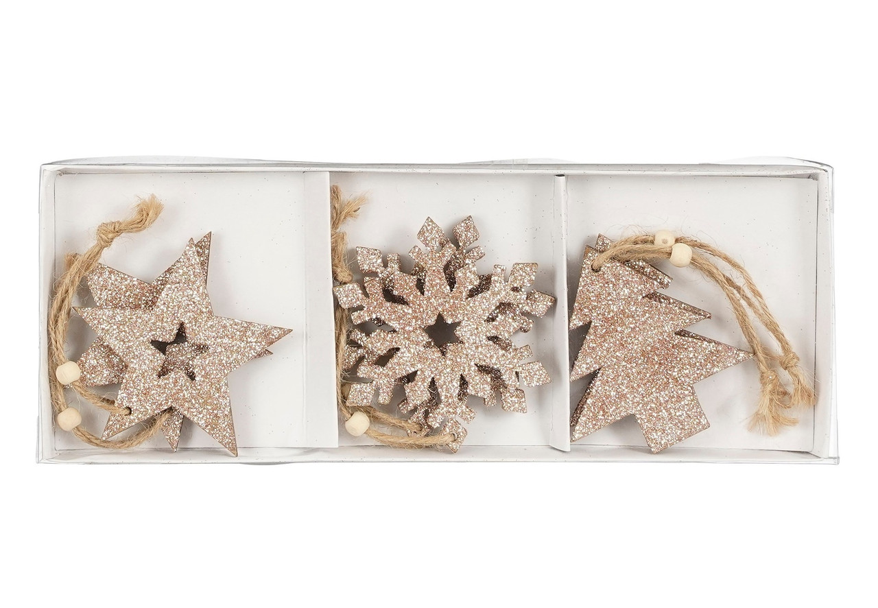 Прикраси новорічні підвісні Сніжинки, зірки та ялинки House of Seasons комплект 6 шт, дерев'яні, шампань