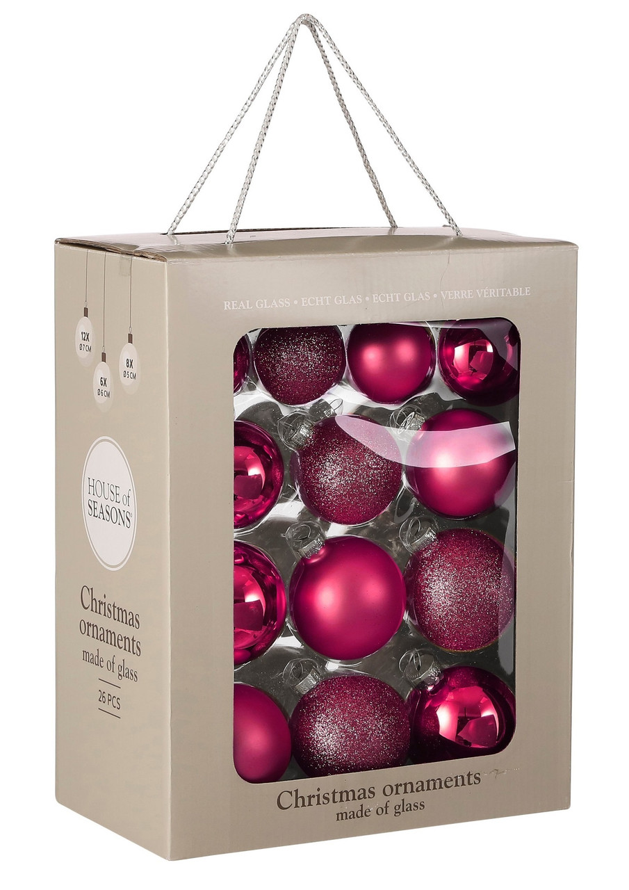 Ялинкові скляні кульки House of Seasons комплект 26 шт Ø 7/6/5 см, фуксія
